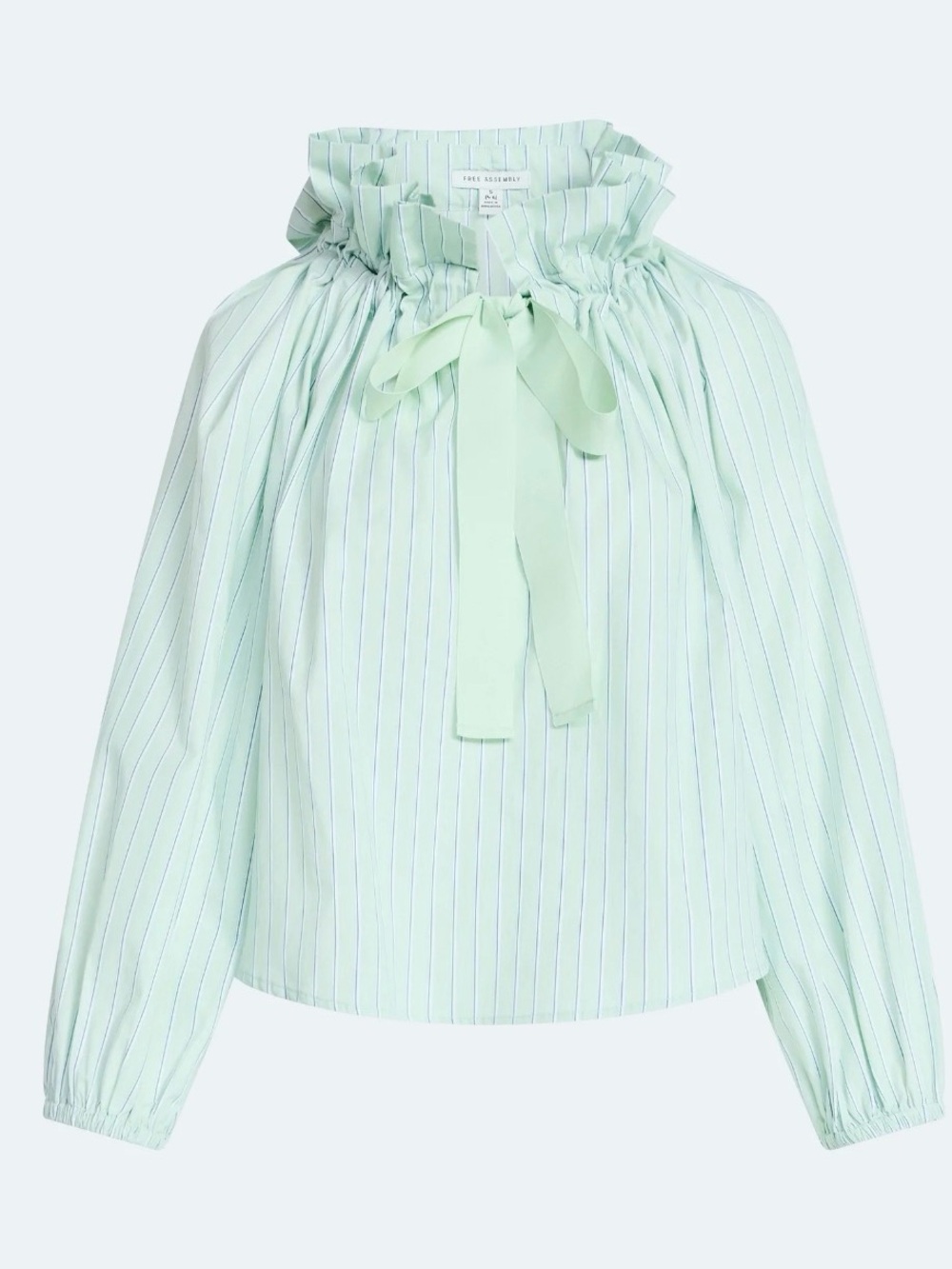 Free Assembly Ruffle Tie Neck Cotton Top with Long Puff Sleeve